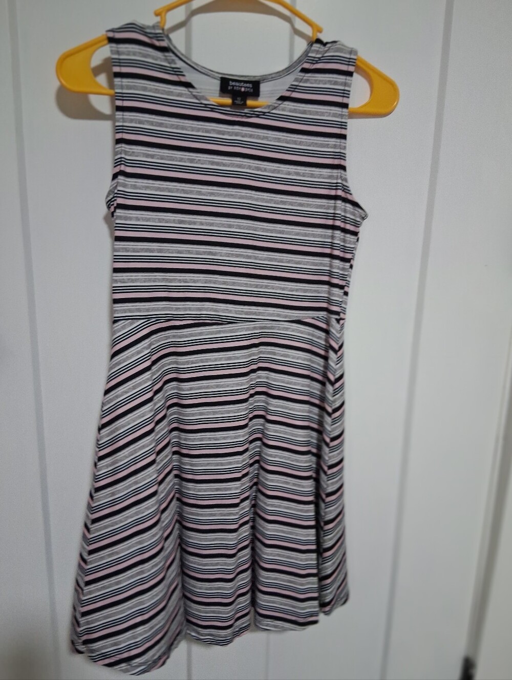 Beautees Pink, Black & White Striped Sleeveless Kids Dress